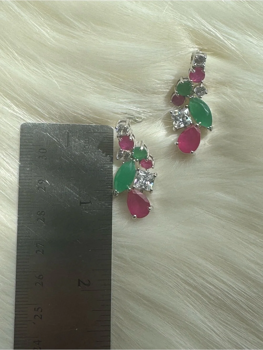 Silver Drop Earrings with Green and Pink Gemstones